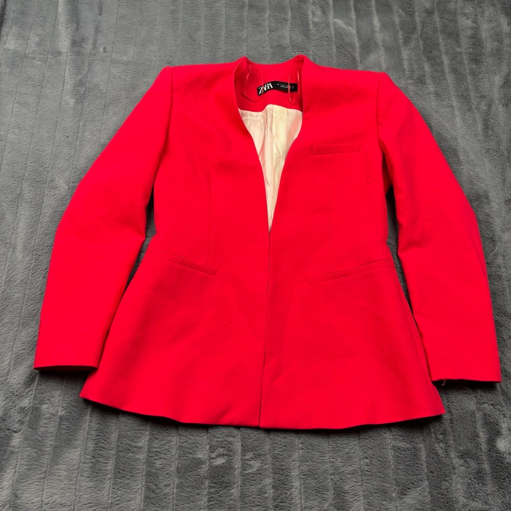 Zara Womens Red Open Front Collarless Blazer Jacket Size Large 14347